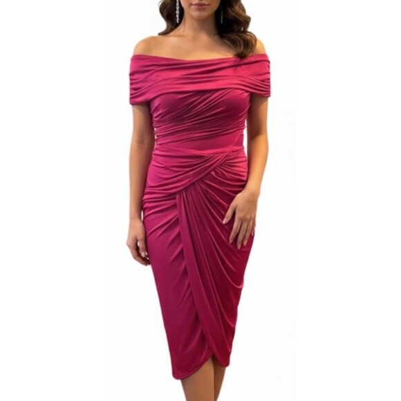 Tadashi Shoji Fuchsia Ruched Midi Dress | Perfect Valentine’s & Barbie Dress| M - Picture 1 of 6